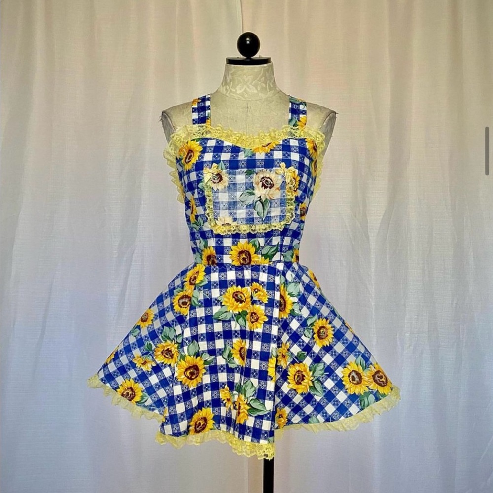 malicious designs blue sunflower apron dress.